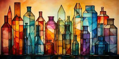 ai generato. ai generativo. astratto geometrico bicchiere cristallo bottiglie contenitori. disegno pittura olio acqua colore grafico arte decorazione sfondo. grafico arte foto