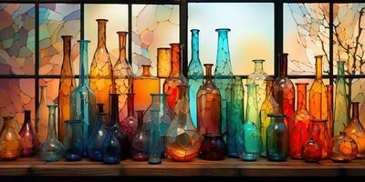 ai generato. ai generativo. astratto geometrico bicchiere cristallo bottiglie contenitori. disegno pittura olio acqua colore grafico arte decorazione sfondo. grafico arte foto
