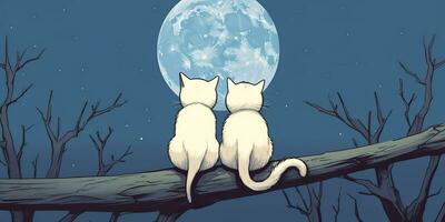 ai generato. ai generativo. Due gatti seduta a notte nel davanti di il Luna insieme. amore romantico San Valentino inviare carta vibrazione. grafico arte foto
