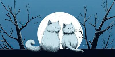 ai generato. ai generativo. Due gatti seduta a notte nel davanti di il Luna insieme. amore romantico San Valentino inviare carta vibrazione. grafico arte foto