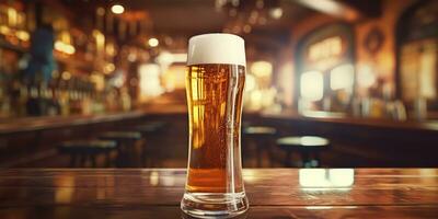 ai generato. ai generativo. birra bicchiere boccale con leggero birra a pub bar taverna sfondo su di legno tavolo notte vita festa. grafico arte foto