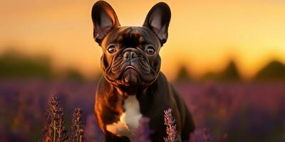 ai generato. ai generativo. Frenchie francese bulldog cane carino viso ritratto a lavanda campo campagna all'aperto natura. grafico arte foto