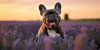 ai generato. ai generativo. Frenchie francese bulldog cane carino viso ritratto a lavanda campo campagna all'aperto natura. grafico arte foto