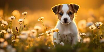 ai generato. ai generativo. Jack russell terrier cane animale animale domestico amico mammifero a campo fiori. natura all'aperto tramonto paesaggio Visualizza. grafico arte foto