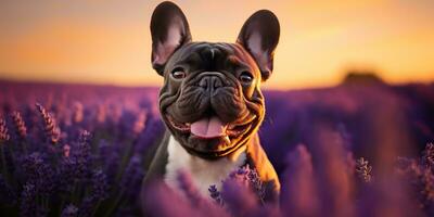 ai generato. ai generativo. Frenchie francese bulldog cane carino viso ritratto a lavanda campo campagna all'aperto natura. grafico arte foto