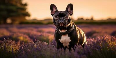 ai generato. ai generativo. Frenchie francese bulldog cane carino viso ritratto a lavanda campo campagna all'aperto natura. grafico arte foto