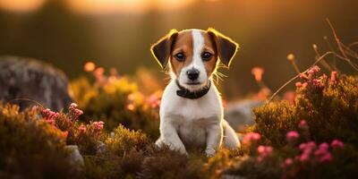 ai generato. ai generativo. Jack russell terrier cane animale animale domestico amico mammifero a campo fiori. natura all'aperto tramonto paesaggio Visualizza. grafico arte foto