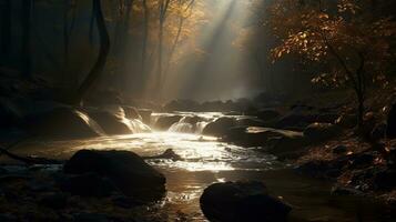 ai generato. ai generativo. foresta albero giungla cascata piccolo. avventura natura all'aperto paesaggio viaggio il trekking vibrazione. grafico arte foto