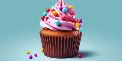 ai generato. ai generativo. Cupcake dolce dolce zucchero forno compleanno festa vibrazione. grafico arte foto