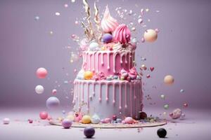 colorato compleanno torta con spruzzatori e candele. generativo ai foto