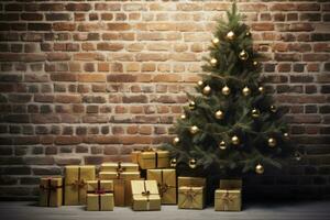 decorato Natale albero con ghirlande, palle, regali. ai generato foto