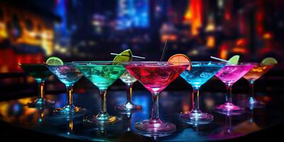 ai generato. ai generativo. neon raggiante cocktail bicchiere boccale bar pub nel synthwave cyberpunk retrowave stile. notte vita festa alcool bevanda vibrazione. grafico arte foto