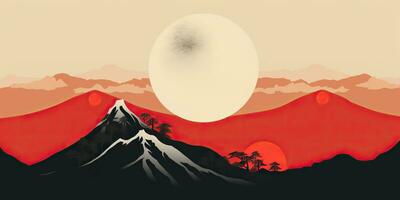 ai generato. ai generativo. giapponese asiatico minimalista paesaggio sfondo. natura all'aperto sole montagna tramonto Alba vacanza avventura Visualizza. grafico arte foto