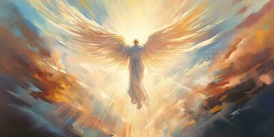 ai generato. ai generativo. raggiante leggero volante angelo nel Paradiso. religione spirituale fede cristiano cattolico Gesù mitologia vibrazione. grafico arte foto