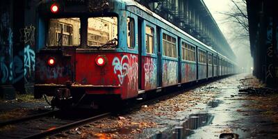 ai generato. ai generativo. tunnel abbandonato metropolitana metropolitana treno stazione con vecchio Usato treno rotaia. graffiti strada arte cultura crimine vibrazione. grafico arte foto