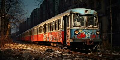 ai generato. ai generativo. tunnel abbandonato metropolitana metropolitana treno stazione con vecchio Usato treno rotaia. graffiti strada arte cultura crimine vibrazione. grafico arte foto