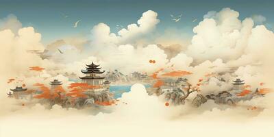ai generato. ai generativo. antico Cinese tempio montagna nebbia nebbia paesaggio. vacanza avventura all'aperto asiatico tradizionale disegno pittura arte. grafico arte foto