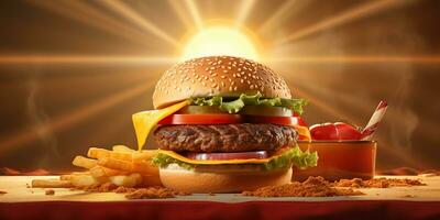 ai generato. ai generativo. veloce cibo Hamburger hamburger hamburger al formaggio Sandwich fresco Fast food menù ristorante decorazione sfondo. grafico arte foto