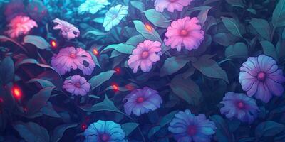 ai generato. ai generativo. viola viola blu rosa fiori pianta foilage prato campo di fioritura selvaggio bellissimo decorazione paesaggio sfondo. grafico arte foto