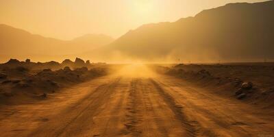 ai generato. ai generativo. sabbia deserto caldo sporco strada sentiero. all'aperto Arizona occidentale natura paesaggio sfondo. strada viaggio viaggio avventura Esplorare vibrazione. grafico arte foto