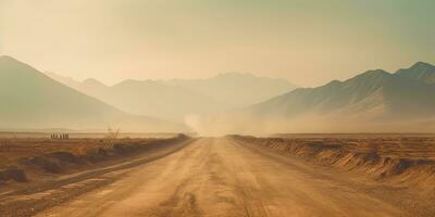 ai generato. ai generativo. sabbia deserto caldo sporco strada sentiero. all'aperto Arizona occidentale natura paesaggio sfondo. strada viaggio viaggio avventura Esplorare vibrazione. grafico arte foto