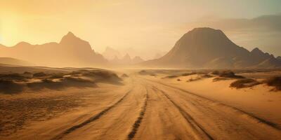 ai generato. ai generativo. sabbia deserto caldo sporco strada sentiero. all'aperto Arizona occidentale natura paesaggio sfondo. strada viaggio viaggio avventura Esplorare vibrazione. grafico arte foto