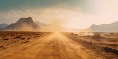 ai generato. ai generativo. sabbia deserto caldo sporco strada sentiero. all'aperto Arizona occidentale natura paesaggio sfondo. strada viaggio viaggio avventura Esplorare vibrazione. grafico arte foto