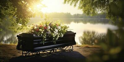 ai generato. ai generativo. funerale religione cultura evento. cimitero con tomba e molti fiori pianta su esso. grafico arte foto