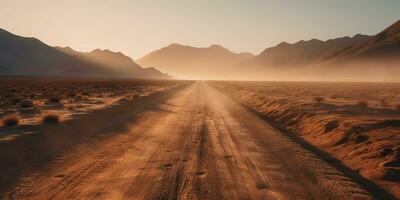 ai generato. ai generativo. sabbia deserto caldo sporco strada sentiero. all'aperto Arizona occidentale natura paesaggio sfondo. strada viaggio viaggio avventura Esplorare vibrazione. grafico arte foto