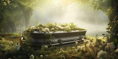 ai generato. ai generativo. funerale religione cultura evento. cimitero con tomba e molti fiori pianta su esso. grafico arte foto