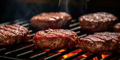 ai generato. ai generativo. bbq griglia barbecue bistecca fuoco fiamma carne preparazione succoso cena festa pasto. grafico arte foto