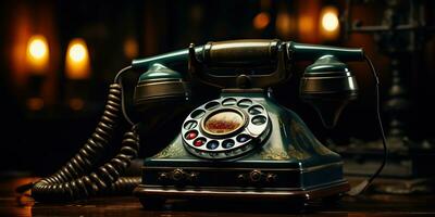 ai generato. ai generativo. classico retrò Vintage ▾ antico telefono parlare Telefono su di legno tavolo. grafico arte foto