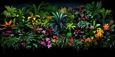 ai generato. ai generativo. notanical erbaceo esotico tropicale impianti erbe aromatiche fiori botanico fogliame sfondo natura giungla paesaggio. grafico arte foto