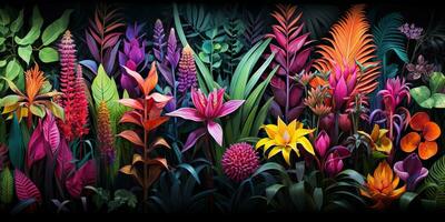 ai generato. ai generativo. notanical erbaceo esotico tropicale impianti erbe aromatiche fiori botanico fogliame sfondo natura giungla paesaggio. grafico arte foto