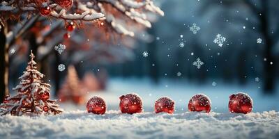 ai generato. ai generativo. allegro Natale nuovo anno natale vacanza inverno stagione con all'aperto albero neve e rosso palla i regali. grafico arte foto