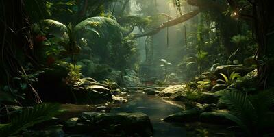 ai generato. ai generativo. selvaggio tropicale giungla foresta parco albero paesaggio. avventura viaggio rischioso Esplorare viaggio sfondo paesaggio. grafico arte foto