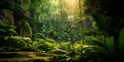 ai generato. ai generativo. selvaggio tropicale giungla foresta parco albero paesaggio. avventura viaggio rischioso Esplorare viaggio sfondo paesaggio. grafico arte foto