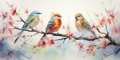 ai generato. ai generativo. romantico bellissimo uccello seduta su ramo albero. olio dipingere disegnare acquerello natura sfondo. grafico arte foto