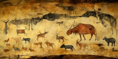 ai generato. ai generativo. primitivo storico pietra grotta parete disegno arte di animali a caccia. grafico arte foto