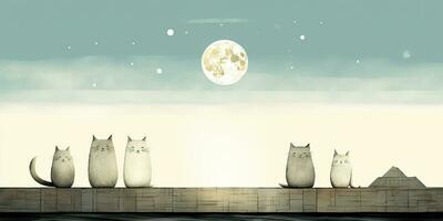 ai generato. ai generativo. Vintage ▾ retrò bambini cartone animato personaggio gatti seduta a Luna e ululato a notte. grafico arte foto