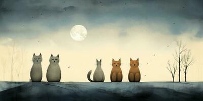 ai generato. ai generativo. Vintage ▾ retrò bambini cartone animato personaggio gatti seduta a Luna e ululato a notte. grafico arte foto