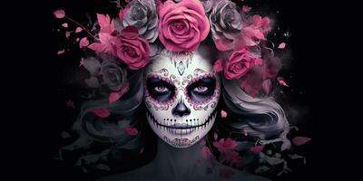 ai generato. ai generativo. muertos messicano latino giorno di il morto vacanza carnevale donna rendere su zucchero cranio viso. grafico arte foto