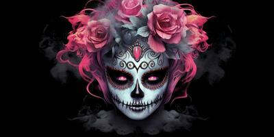ai generato. ai generativo. muertos messicano latino giorno di il morto vacanza carnevale donna rendere su zucchero cranio viso. grafico arte foto