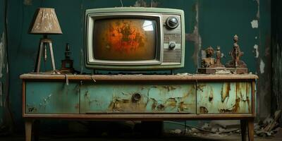 ai generato. ai generativo. vintafè retrò vecchio antico tv televisione scatola vicino per il parete sfondo. grafico arte foto