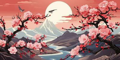 ai generato. ai generativo. Vintage ▾ retrò tradizionale giapponese asiatico paesaggio sfondo. ciliegia fiorire sakura albero fiore montagna e all'aperto natura minimo grafico arte. grafico arte foto
