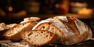 ai generato. ai generativo. fresco biologico al forno forno Grano pane su di legno tavolo. accogliente cucina vibrazione. grafico arte foto