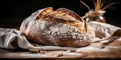 ai generato. ai generativo. fresco biologico al forno forno Grano pane su di legno tavolo. accogliente cucina vibrazione. grafico arte foto