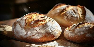 ai generato. ai generativo. fresco biologico al forno forno Grano pane su di legno tavolo. accogliente cucina vibrazione. grafico arte foto