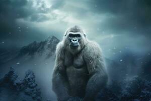 un' bianca gorilla sta su un' nevoso montagna superiore. animale ritratto. generativo ai foto