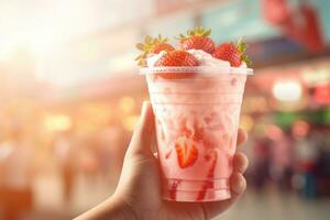 femmina mano detiene bicchiere di fresco fragola frullato. estate bevanda frappè e rinfresco biologico concetto. ai generato foto